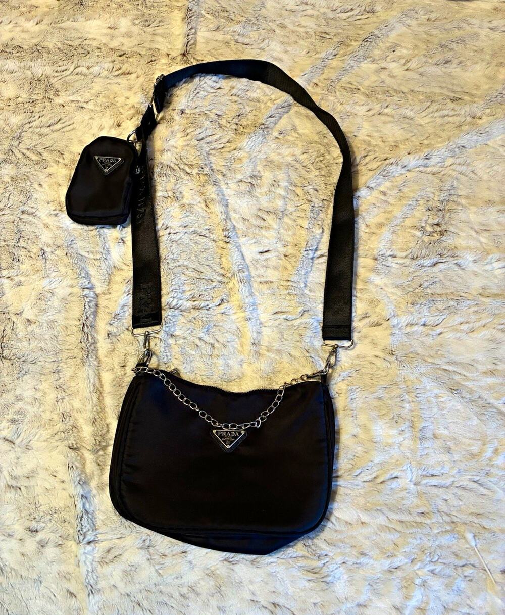 PRADA Black Small Crescent Crossbody Zip Bag Logo Strap Chain w/ Pouch